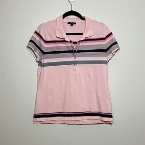 Tommy Hilfiger Collared Golf Shirt Pearl Buttons Pink Navy Womens Size L